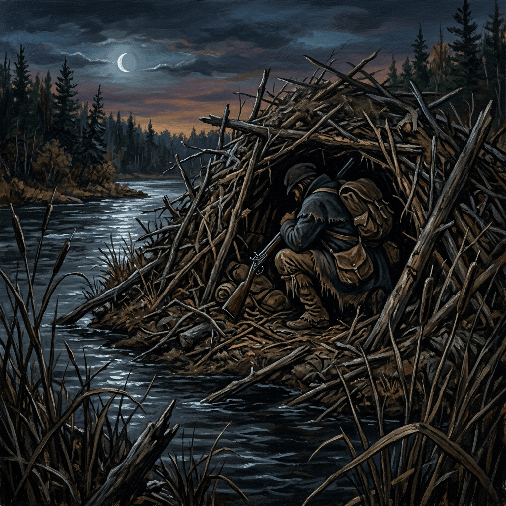 Traveler hiding in a branch shelter beside a moonlit forest river
