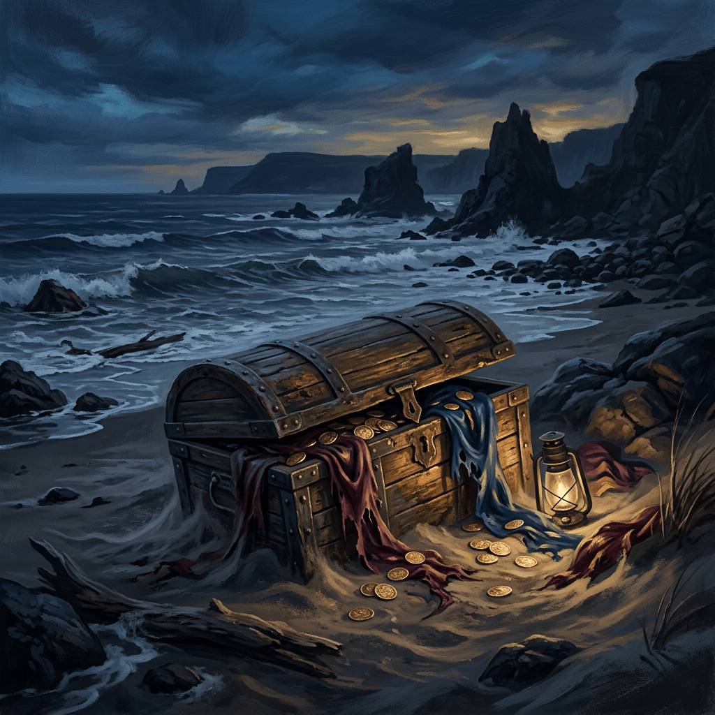 Open treasure chest spilling coins beside lantern on rocky stormy shore