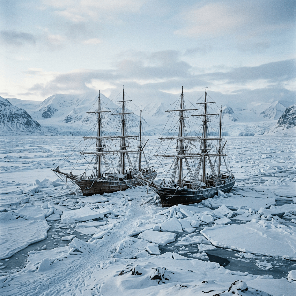 Two tall sailing ships surrounded by sea ice and snowy mountains
